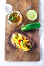 Baked Potato with Mango Avocado Relish and Jalapeño Honey