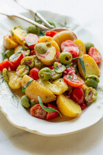 Potato, Olive, and Tomato Salad with Pan Seared Salmon