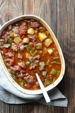 Easy Middle Eastern-Spiced Idaho® Potato, Bell Pepper, and Lamb Casserole with Pomegranate Molasses