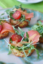 Cotija Potato Nests with Micro Greens, Smoked Salmon and Creamy Chipotle Dressing