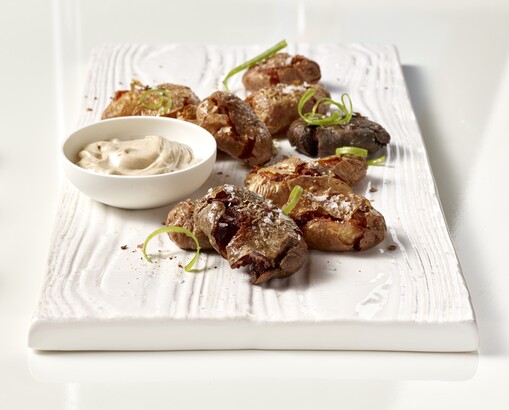 Fingerling Potato Tostones with Black Garlic Aïoli