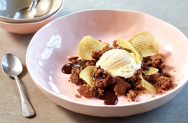 Potato Ice Cream on Crumbled Chocolate Potato Cake