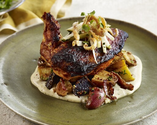 Hot Chicken, Biscuit Purée, Warm Potato Salad, Kohlrabi, Candied Skin