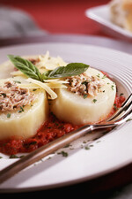 Big Potatoes Stuffed with Chicken Verde and Fresh Tomato Sauce