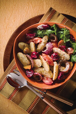 Warm Potato, Roasted Beet, and Roma Tomato Salad, with Herb Pesto