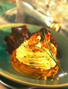 Braised Short Rib with Garlicky Shrimp and IdahoR Potato Charlotte